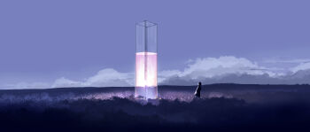 1girl absurdres cloud cloudy_sky commentary dark english_commentary gracile highres meadow original outdoors scenery science_fiction sky solo standing wide_shot