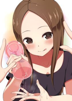 10s 1boy 1girl :q artificial_vagina black_shirt blurry blurry_foreground blush brown_eyes brown_hair closed_mouth collarbone cover depth_of_field eyelashes forehead half-closed_eyes hanabi_(ocha) heart heart-shaped_pupils hetero holding karakai_jouzu_no_takagi-san liquid long_hair looking_at_viewer matching_hair/eyes multicolored_background naughty_face nishikata out_of_frame parted_bangs pov precum sex_toy shirt short_sleeves smile solo_focus symbol-shaped_pupils takagi-san tareme teasing tongue tongue_out upper_body