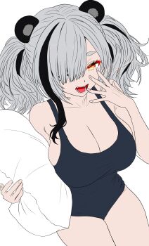 1girl absurdres animal_ears arknights black_hair black_one-piece_swimsuit breasts cleavage commentary_request feater_(arknights) fingernails flat_color grey_hair hair_over_one_eye highres holding holding_pillow large_breasts looking_at_viewer medium_hair multicolored_hair one-piece_swimsuit one_eye_covered open_mouth orange_eyes pillow sgt_syunkai2_(myyards) simple_background solo streaked_hair swimsuit white_background yawning
