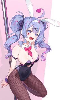 1girl animal_ear_hairband animal_ears bare_arms bare_shoulders between_breasts black_leotard blue_eyes blue_hair bound bound_wrists breasts commentary daran9 detached_collar fake_animal_ears fishnet_pantyhose fishnets hairband hatsune_miku highleg highleg_leotard highres large_breasts leotard long_hair looking_at_viewer necktie necktie_between_breasts pantyhose playboy_bunny rabbit_ear_hairband rabbit_ears rabbit_hole_(vocaloid) red_necktie sidelocks solo standing standing_on_one_leg symbol-only_commentary twintails vocaloid white_hairband