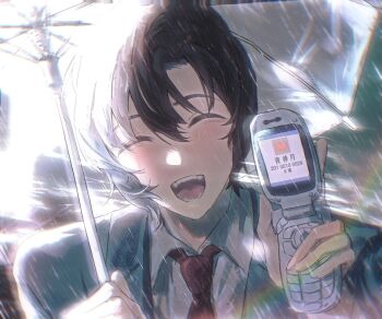 Rule 34 | 1boy, black hair, blush, cellphone, closed eyes, collared shirt, death note, facing viewer, flip phone, happy, highres, hmaokuro, holding, holding phone, holding umbrella, jacket, male focus, matsuda touta, necktie, open mouth, phone, rain, red necktie, shirt, short hair, suit jacket, transparent, transparent umbrella, umbrella, white shirt