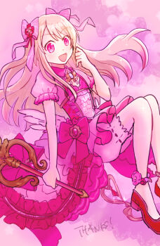 1girl blonde_hair bloomers grimms_notes hand_up holding holding_wand long_hair noble_heart_(grimms_notes) open_mouth pink_eyes red_shoes shoes smile solo underwear ununk wand