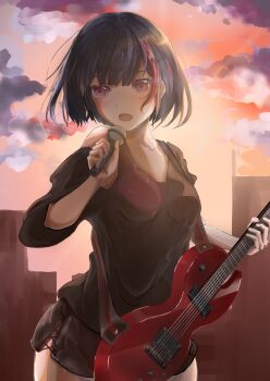 1girl bang_dream! black_hair black_shirt black_shorts clothing_cutout commentary cowboy_shot electric_guitar english_commentary engrish_commentary guitar highres holding holding_guitar holding_instrument holding_microphone instrument microphone mitake_ran open_mouth purple_eyes red_streaks shirt short_hair shorts shoulder_cutout solo sunnysalt_08