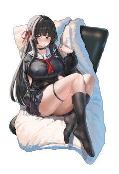 1girl absurdres black_choker black_hair black_shirt black_skirt black_socks blunt_bangs blush breasts chair chisa_(wuthering_waves) choker clothing_cutout collarbone commentary_request covered_erect_nipples feet full_body gloves hair_ribbon highres kneehighs large_breasts long_hair long_sleeves mole mole_under_eye neckerchief red_eyes red_neckerchief red_ribbon ribbon sailor_collar school_uniform shangdi_de_fa_zhang shirt shoes sitting skindentation skirt socks solo thigh_strap torn_clothes torn_shirt underwear white_sailor_collar wuthering_waves