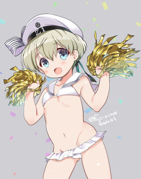 1girl bikini bikini_skirt blue_eyes blush bow breasts commentary_request confetti dated fujii_rino grey_background grey_hair hair_between_eyes hat hat_bow highres holding holding_pom_poms kantai_collection looking_at_viewer micro_bikini open_mouth pom_pom_(cheerleading) pom_poms sailor_bikini sailor_collar short_hair simple_background small_breasts solo swimsuit twitter_username white_bikini white_hat white_sailor_collar z1_leberecht_maass_(kancolle) z1_leberecht_maass_(swimsuit)_(kancolle)
