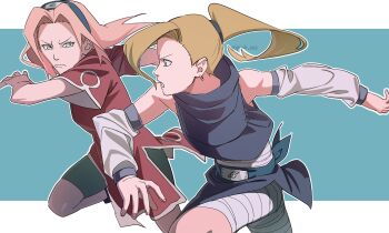 Rule 34 | absurdres, bandaged torso, bandages, bike shorts, black shorts, blonde hair, blue eyes, closed mouth, detached sleeves, dress, earrings, green eyes, haruno sakura, highres, jewelry, konohagakure symbol, long hair, looking at another, looking at viewer, naruto (classic), naruto (series), outline, pink hair, pnpk 1013, red dress, shorts, simple background, twitter username, white outline, yamanaka ino