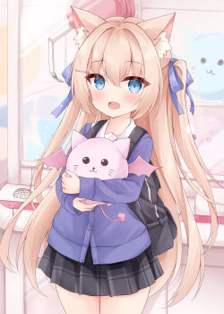 Rule 34 | 1girl, :d, animal ear fluff, animal ears, backpack, bag, black skirt, blonde hair, blue cardigan, blue eyes, blue ribbon, blush, cardigan, cat ears, cat girl, commentary request, commission, cowboy shot, crane game, hair between eyes, hair ornament, hair ribbon, hairclip, highres, holding, long hair, long sleeves, looking at viewer, miniskirt, mochizuki riku, open mouth, original, plaid clothes, plaid skirt, pleated skirt, ribbon, school uniform, shirt, skeb commission, skirt, smile, solo, stuffed animal, stuffed cat, stuffed toy, two side up, very long hair, white shirt