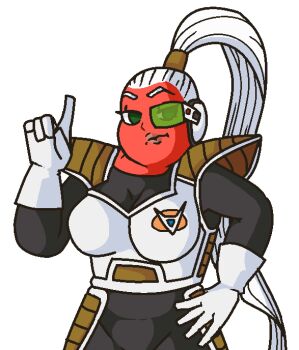 1girl artist_request bonyu breasts cowboy_shot dragon_ball dragon_ball_z:_kakarot dragonball_z female_focus gloves green_eyes lips looking_at_viewer ponytail scouter solo transparent_background white_hair