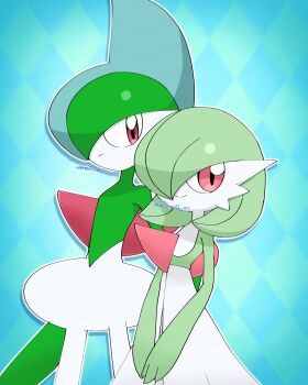 Rule 34 | 1boy, 1girl, argyle background, artist name, blue background, blue hair, bob cut, closed mouth, colored skin, cowboy shot, flat chest, gallade, gardevoir, gen 3 pokemon, gen 4 pokemon, green hair, green skin, hair over one eye, happy, looking at another, looking at viewer, meru (mer milky77), mohawk, multicolored hair, multicolored skin, nintendo, one eye covered, outline, own hands together, pokemon, pokemon (creature), red eyes, short hair, signature, smile, split mouth, standing, twitter username, two-tone hair, two-tone skin, v arms, watermark, white outline, white skin