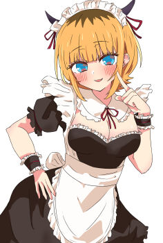 1girl :3 absurdres apron black_dress black_wrist_cuffs blonde_hair blue_eyes blush breasts cleavage commentary dress fang frilled_apron frills highres horns index_finger_raised looking_at_viewer maid maid_headdress medium_breasts memcho multicolored_hair open_mouth oshi_no_ko roots_(hair) short_hair simple_background solo urishima white_apron white_background wrist_cuffs