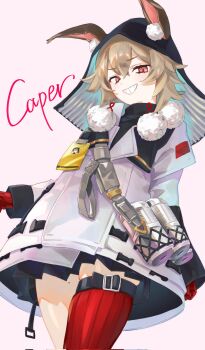 Rule 34 | 1girl, animal ears, arknights, caper (arknights), character name, gloves, grin, highres, id card, jacket, looking at viewer, mole, mole on thigh, pink background, rabbit ears, rabbit girl, red eyes, red gloves, shuan06arrutan, smile, solo, standing, thighs, white jacket