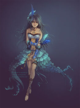 1girl anikakinka bare_legs barefoot bindi black_hair bridal_gauntlets corset dark-skinned_female dark_skin dress feathers feet female_focus frilled_thigh_strap full_body green_eyes hair_ornament jewelry long_hair necklace original solo thigh_strap toeless_legwear watermark