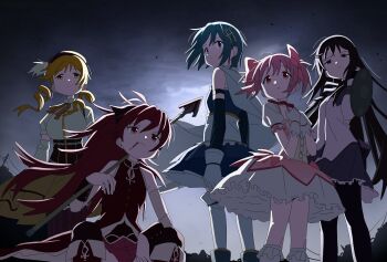 Rule 34 | 5girls, absurdres, akemi homura, akemi homura (magical girl), back, black background, black eyes, black hair, black pantyhose, blonde hair, blue dress, blue eyes, blue hair, blue skirt, breasts, choker, dress, drill hair, gloves, highres, kaname madoka, kaname madoka (magical girl), large breasts, long hair, mahou shoujo madoka magica, mangpum (taro109210), medium breasts, miki sayaka, miki sayaka (magical girl), multiple girls, official alternate costume, pantyhose, pink dress, pink eyes, pink hair, red choker, red dress, red eyes, red hair, sakura kyoko, sakura kyoko (magical girl), short hair, sitting, skirt, small breasts, standing, tomoe mami, tomoe mami (magical girl), twintails, white dress, white gloves, yellow eyes