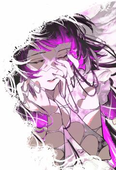 Rule 34 | 1girl, absurdres, black hair, blending, closed eyes, columbina (genshin impact), commentary request, eye mask, facing viewer, genshin impact, hands on own face, hands up, highres, long hair, mask, multicolored hair, nail polish, parted lips, pink lips, sa 3987, solo, upper body, veil