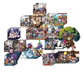 Rule 34 | !, ..., 6+girls, ?, absurdly detailed composition, absurdres, acorn, animal ears, anvil, balloon, bird, black hair, blonde hair, blood, blue eyes, blue hair, boned meat, book, bottle, bow, brown hair, bubba (watson amelia), bucket, bucket of lava, cat ears, cecilia immergreen, cecilia immergreen (1st costume), ceres fauna, character balloon, character request, christmas stocking, christmas tree, costume request, deerstalker, disco ball, dog, duck, elizabeth rose bloodflame, elizabeth rose bloodflame (1st costume), fireplace, flower, food, fox ears, fruit, gawr gura, gigi murin, gigi murin (1st costume), glasses, green eyes, green hair, grey hair, hair ornament, hair over one eye, hakos baelz, halo, harusaki nodoka, harusaki nodoka (1st costume), hat, headphones, heart, highres, holding, holding book, holding microphone, holding sword, holding weapon, hololive, hololive english, hololive indonesia, horns, kiryu coco, knife, koseki bijou, kotatsu, lion ears, mandarin orange, mario (series), meat, microphone, mori calliope, mouse tail, multiple girls, mushroom, musical note, nanashi mumei, nintendo, nintendo switch, onigiri, orange hair, ouro kronii, pink hair, pizza, pizza box, purple hair, rabbit ears, rabbit girl, raora panthera, raora panthera (1st costume), red bow, red eyes, red hair, sesield, sheep horns, shirogane noel, shirogane noel (battle nun), skirt, sonic (series), speech bubble, spoken ellipsis, spoken exclamation mark, spoken heart, spoken musical note, spoken question mark, squirrel girl, squirrel tail, sword, table, tail, tail bow, tail ornament, tokino sora, tokino sora (dj hoodie), tombstone, tongs, tree, usada pekora, virtual youtuber, vomiting rainbows, watson amelia, weapon, wolf ears, wolf tail, yagoo