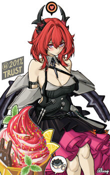 Rule 34 | 1boy, 1girl, absurdres, arknights, arknights: endfield, bare shoulders, black dress, breasts, commentary, demon horns, dress, endministrator (arknights), food, furauji, heart, highres, horns, ice cream, laevatain (arknights), large breasts, male endministrator (arknights), medium hair, purple eyes, red hair, simple background, sitting, surtr (arknights), white background