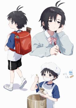 1girl :t age_progression aged_down androgynous antenna_hair apron backpack bag black_hair black_shorts bow bowl bowtie bread child collared_shirt commentary_request cooking_pot cropped_torso curry drink_carton food full_body grey_eyes hair_net hand_on_own_face hat highres hiragana_(maru_kaku) holding holding_bowl holding_ladle holding_pen holding_strap idolmaster idolmaster_(classic) kikuchi_makoto ladle mask milk_carton mob_cap mouth_mask multiple_views pen pink_bow pink_bowtie randoseru red_bag serving shirt short_hair short_sleeves shorts simple_background socks soup_ladle standing sweater t-shirt tomboy upper_body white_apron white_background white_footwear white_shirt white_socks
