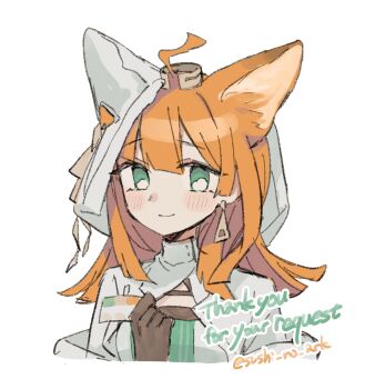 Rule 34 | 1girl, ahoge, animal ears, arknights, blush, brown gloves, closed mouth, clothing cutout, cropped torso, dress, gloves, green eyes, hair between eyes, highres, holding, hood, hood up, jacket, long hair, looking at viewer, orange hair, papyrus (arknights), portrait, simple background, smile, solo, sushitarou, upper body, white background, white jacket
