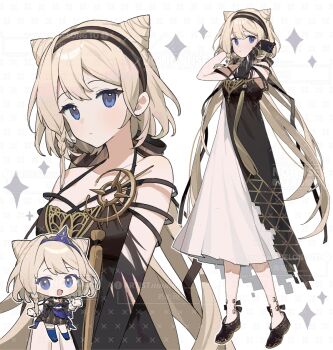 1girl :d ame_ame bare_shoulders black_dress black_gloves black_hairband black_shoes blonde_hair blue_eyes chibi closed_mouth cone_hair_bun double-parted_bangs double_bun dress elbow_gloves full_body gloves hair_bun hairband highres long_hair looking_at_viewer multiple_views open_mouth original shoes simple_background single_elbow_glove sleeveless sleeveless_dress smile standing very_long_hair watermark white_background