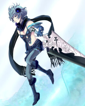 1girl bare_shoulders beads bikini bikini_top_only black_scarf blue_boots blue_eyes blue_gloves blue_hair blue_pantyhose boots breasts cleavage drag-on_dragoon drag-on_dragoon_3 elbow_gloves eyebrows female_focus flower full_body fur_boots gloves hair_between_eyes hair_flower hair_ornament holding holding_sword holding_weapon huge_weapon looking_away matching_hair/eyes pantyhose parted_lips reverse_grip ribs scarf short_hair simple_background skirt small_breasts solo sonica_chell swimsuit sword two_(drag-on_dragoon) weapon