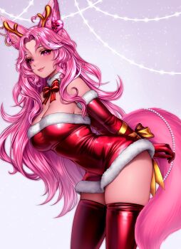 1girl absurdres animal_ears antlers bound bow bowtie breasts cleavage commentary depressrami dress elbow_gloves english_commentary fox_ears fox_girl fox_tail fur-trimmed_dress fur-trimmed_gloves fur_collar fur_trim gloves highres horns indie_virtual_youtuber long_hair mole mole_on_breast pink_eyes pink_hair red_bow red_gloves red_thighhighs ribbon ribbon_bondage santa_costume santa_dress shy_shae sleeveless sleeveless_dress smile solo sparkle_hair_ornament tail thighhighs virtual_youtuber