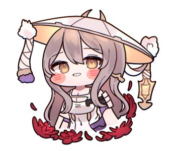 1girl armor blush_stickers bodysuit breasts chibi clothing_cutout flower goddess_of_victory:_nikke grey_hair grin hat japanese_armor jingasa large_hat leotard long_hair looking_at_viewer medium_breasts mming_(mmingis18) red_flower scarlet_(nikke) shoulder_armor simple_background smile sode solo sword weapon white_background white_bodysuit white_leotard yellow_eyes