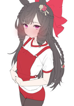 1girl absurdres animal_ears black_pantyhose blush bow braid brown_hair buruma closed_mouth cowboy_shot crossed_bangs daiichi_ruby_(umamusume) drill_hair drill_sidelocks ear_flower ear_ornament hair_bow half_up_braid highres horse_ears horse_girl kawai_ritsu_(rits_meg) long_hair looking_at_viewer original_race_uniform_(umamusume) pantyhose pink_eyes red_bow red_buruma shirt short_sleeves side_braids sidelocks simple_background solo umamusume white_background white_shirt
