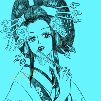 1girl 70p_w0 blue_theme commentary eyelashes fingernails flower hair_flower hair_ornament hand_fan highres holding holding_fan japanese_clothes kanzashi kimono kouzuki_hiyori long_fingernails monochrome one_piece parted_lips sidelocks