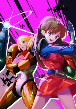 2girls :d absurdres arm_cannon armor belt blonde_hair blue_eyes breasts brown_hair commission dress elbow_gloves gloves hair_between_eyes helmet highres hiko_(hiko224556) kanda_momo long_hair long_sleeves metroid metroid_dread mixed-language_commentary multiple_girls nintendo open_mouth pink_background pixiv_commission power_armor power_suit_(metroid) red_dress ridley samus_aran small_breasts smile standing unworn_headwear unworn_helmet varia_suit weapon wonder_momo