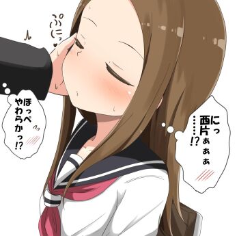 Rule 34 | 1boy, 1girl, aikawa ryou, black sailor collar, brown hair, chair, closed eyes, closed mouth, commentary request, forehead, hand on another's face, karakai jouzu no takagi-san, long hair, neckerchief, nishikata, parted bangs, red neckerchief, sailor collar, school uniform, serafuku, simple background, sitting, takagi-san, translation request, upper body, white background