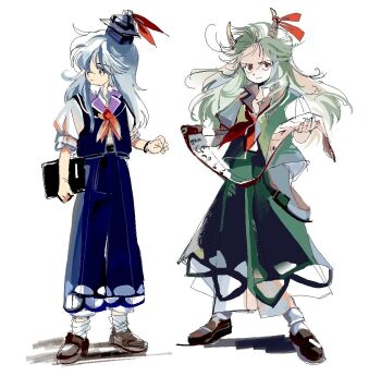 Rule 34 | 1990s (style), 2boys, 6osquet, bell-bottoms, belt, black belt, black hat, blue eyes, blue hair, blue pants, blue sailor collar, blue vest, bracelet, brown shoes, cirno, closed mouth, ex-keine, floating clothes, floating hair, forehead, full body, genderswap, genderswap (ftm), green hair, green pants, green vest, hair over one eye, hat, hat ribbon, high-waist pants, holding, holding notebook, horn ornament, horn ribbon, horns, jewelry, kamishirasawa keine, light frown, loafers, long hair, looking at viewer, looking to the side, loose socks, male focus, multiple boys, neckerchief, notebook, open collar, pants, popped collar, puffy short sleeves, puffy sleeves, red eyes, red neckerchief, red ribbon, retro artstyle, ribbon, sailor collar, scroll, shirt, shoes, short sleeves, smile, smirk, socks, standing, touhou, vest, white background, white shirt, white socks