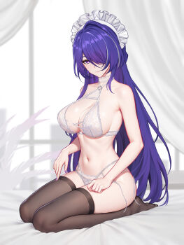 1girl absurdres acheron_(honkai:_star_rail) alternate_costume bare_arms bare_shoulders bed_sheet black_thighhighs blue_eyes blue_hair bra breasts check_commentary closed_mouth collarbone commentary_request curtains hair_over_one_eye highres honkai:_star_rail honkai_(series) indoors large_breasts large_variant_set long_hair looking_at_viewer maid_headdress navel on_bed paid_reward_available panties partial_commentary seiza sideboob sitting solo stomach thighhighs underwear variant_set white_bra white_panties yunkaiming