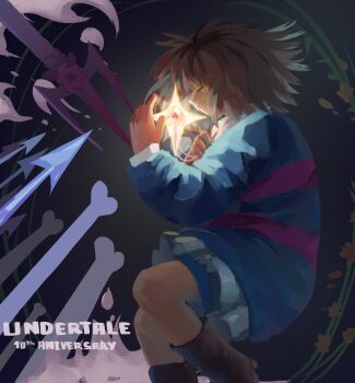 1other anniversary blue_sweater bone boots brown_boots brown_hair closed_eyes clownboo commentary copyright_name english_commentary english_text flower frisk_(undertale) heart highres long_sleeves other_focus polearm short_hair shorts spear sweater trident undertale utdr_(toby_fox) weapon yellow_flower