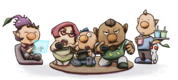 Rule 34 | 1girl, 4boys, alph (pikmin), alternate costume, big nose, black eyes, black pants, black socks, blonde hair, blue footwear, blue hair, blue pants, blue shirt, brittany (pikmin), brown hair, chair, charlie (pikmin), clenched hand, closed eyes, collared jacket, collared shirt, colored skin, commentary request, controller, creature on head, cup, dark-skinned male, dark skin, disposable cup, dress, drink, drinking straw, duck print, eyelashes, facial hair, freckles, full body, game controller, glasses, green footwear, green vest, grey pants, grey socks, half-closed eyes, holding, holding controller, holding drink, holding game controller, holding tray, holographic interface, jacket, leaf, looking at viewer, louie (pikmin), lower teeth only, mohawk, multiple boys, mustache, naru (wish field), nintendo, olimar, on chair, on one knee, open clothes, open jacket, open mouth, pants, pikmin (creature), pikmin (series), pinafore dress, pink hair, playing games, playing video games, pointing, pointing at viewer, pointy ears, purple eyes, purple pikmin, purple skin, red-framed eyewear, red eyes, red jacket, rug, shirt, short dress, short hair, short sleeves, sitting, sleeveless, sleeveless dress, slippers, socks, soles, solid circle eyes, solid eyes, standing, t-shirt, teeth, three-quarter sleeves, tray, triangular eyewear, upper teeth only, very short hair, vest, white background, white pants, white pikmin, white shirt, white skin, wide-eyed, wii remote, wii u gamepad, yellow dress, yellow socks