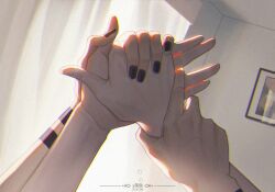 Rule 34 | 2021, 2boys, arm tattoo, black nails, commentary request, couple, curtains, dated, dog shadow puppet, fingernails, fushiguro megumi, hand focus, hand on another&#039;s hand, holding another&#039;s wrist, indoors, jujutsu kaisen, male focus, multiple boys, nail polish, own hands together, picture frame, ryoumen sukuna (jujutsu kaisen), tattoo, y06407694, yaoi