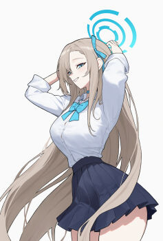 1girl asuna_(blue_archive) asuna_(school_uniform)_(blue_archive) black_skirt blue_archive blue_bow blue_bowtie blue_eyes blue_halo bow bowtie brown_hair commentary_request grey_background halo highres long_hair potatoy shirt simple_background skirt solo very_long_hair white_shirt