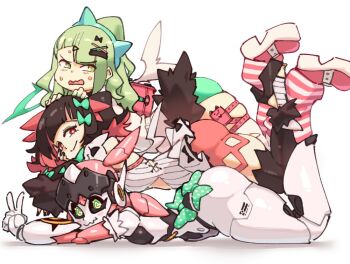 3girls aqua_nails arched_back bandaid bandaid_hair_ornament black_hair black_sclera black_thighhighs blush bow chinatsu_remiel closed_mouth colored_inner_hair colored_sclera commentary dress english_commentary from_side fur-trimmed_thighhighs fur_trim green_bow green_eyes green_hair green_halo hair_bow hair_ornament halo hands_on_another's_head humanoid_robot leg_warmers loli looking_at_viewer lying lying_on_person multicolored_hair multiple_girls multiple_hair_clips multiple_thigh_straps on_stomach open_mouth pink_bag pink_leg_warmers pink_shoes polka_dot polka_dot_bow red_eyes robot robot_girl rokudu_sariel rtil shoes simple_background sketch skindentation smile striped_leg_warmers sweat thigh_strap thighhighs triangle_hair_ornament v white_background white_dress white_wings winged_bag wings yutane_johiel zenless_zone_zero