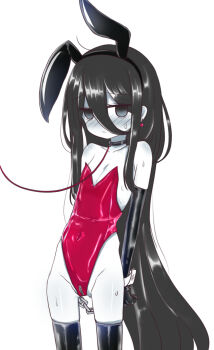 1girl animal_ears black_hair chabatake_yunomi chain chuugoku_usagi collar commentary_request cuffs expressionless fake_animal_ears flat_chest grey_eyes highres leash leotard long_hair looking_at_viewer pale_skin playboy_bunny rabbit_ears red_leotard shackles sketch solo sweat thighhighs very_long_hair voicevox