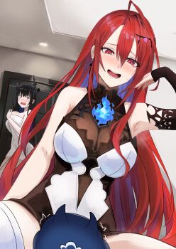 Rule 34 | 2girls, absurdres, ahoge, asymmetrical horns, bare shoulders, black gloves, black hair, blue fire, blue hair, blush, breasts, canvas sensei, cleavage, demon horns, elizabeth rose bloodflame, elizabeth rose bloodflame (1st costume), fire, gloves, hair between eyes, hair ornament, highres, hololive, hololive english, horns, jailbird (nerissa ravencroft), large breasts, long hair, multicolored hair, multiple girls, naked towel, nerissa ravencroft, open mouth, purple eyes, red eyes, red hair, towel, uneven horns, virtual youtuber