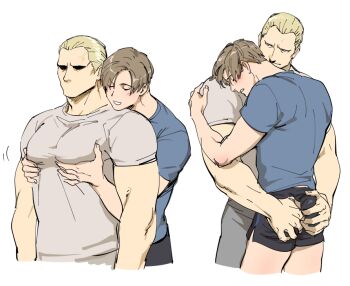 2boys ass bara blonde_hair brown_hair closed_eyes couple dolphin_shorts grabbing_another's_ass grabbing_from_behind groping hug jack_krauser large_pectorals leon_s._kennedy looking_at_another male_focus multiple_boys muscular muscular_male pectoral_grab pectorals resident_evil resident_evil:_the_darkside_chronicles resident_evil_4 shirt short_hair shorts tatsumi_(psmhbpiuczn) white_background yaoi