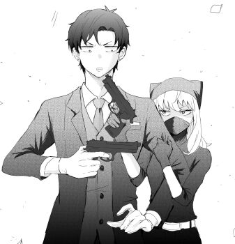 1boy 1girl aged_up aiming anya_(spy_x_family) beretta_92 breasts coat commentary_request damian_desmond earrings gloves greyscale gun hana_(hanauta1110) handgun hat height_difference highres holding holding_gun holding_weapon jewelry mask medium_breasts monochrome mouth_mask necktie spy_x_family stud_earrings weapon
