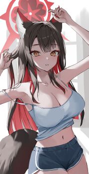 1girl absurdres alternate_costume animal_ear_fluff animal_ears armpits black_hair blue_archive blue_shorts blush breasts cleavage colored_inner_hair commentary dolphin_shorts fox_ears fox_girl fox_tail halo highres large_breasts long_hair looking_at_viewer multicolored_hair navel parted_lips red_hair red_halo short_shorts shorts solo stomach tail tank_top two-tone_hair udonpan very_long_hair wakamo_(blue_archive) white_tank_top yellow_eyes