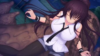 1girl black_necktie black_pantyhose breasts casual closed_eyes denim denim_shorts dutch_angle game_cg genseishinki_sacred_virth large_breasts long_hair monster necktie night non-web_source official_art outdoors pantyhose pantyhose_under_shorts ponytail restrained shirt short_shorts shorts sleeveless sleeveless_shirt slime_(substance) solo variant_set white_shirt wristband yuugure_pairo yuuki_setsu