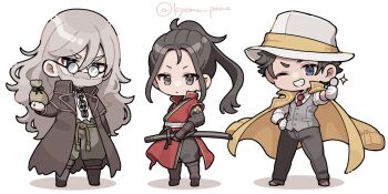 Rule 34 | 3boys, artist name, bag, beard, black hair, black pants, blue eyes, brown coat, chain, chain leash, chibi, coat, coin, collared shirt, commentary request, facial hair, formal clothes, glasses, gloves, grey eyes, grey hair, grey suit, hair intakes, hat, high ponytail, highres, hikari ku, holding, holding bag, jacket, jacket on shoulders, kyomu pome2, leash, long hair, looking at viewer, male focus, multiple boys, mustache, necktie, octopath traveler, octopath traveler ii, one eye closed, osvald v. vanstein, pants, partitio yellowil, ponytail, red necktie, round eyewear, sheath, sheathed, shirt, simple background, smile, sparkle, standing, suit, sword, teeth, weapon, white background, white gloves, white hat, white shirt, yellow jacket