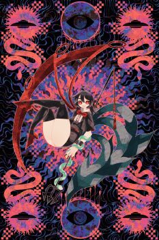 1girl :d absurdres ahoge asymmetrical_wings black_dress black_hair black_thighhighs blue_wings boku_(isizakitakasi) bow bowtie commentary_request dress fang highres houjuu_nue legs_up open_mouth polearm red_bow red_bowtie red_eyes red_nails red_shoes shoes short_hair smile snake solo thighhighs thighs touhou trident ufo weapon wings