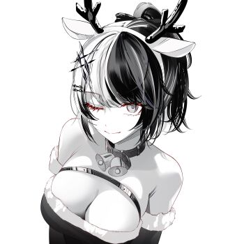 1girl ;) alternate_costume animal_ears antlers bare_shoulders bell belt_collar breasts chest_belt cleavage closed_mouth collar commentary commission deer_ears english_commentary fake_animal_ears fake_antlers fur_trim greyscale hair_ornament hairband hairclip highres hololive hololive_english horns large_breasts looking_at_viewer monochrome multicolored_hair neck_bell one_eye_closed ponytail reindeer_antlers second-party_source shiori_novella simple_background smile solo split-color_hair two-tone_hair upper_body virtual_youtuber zakimpo