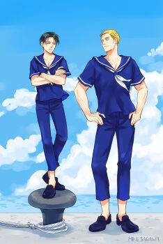 2boys artist_name black_eyes black_hair blonde_hair blue_eyes blue_pants blue_sailor_collar cloud collarbone crossed_arms erwin_smith hands_on_own_hips levi_(shingeki_no_kyojin) loafers looking_at_another male_focus mskei multiple_boys neckerchief pants sailor sailor_collar shingeki_no_kyojin shoes shore short_hair short_sleeves skyline smile toned toned_male uniform white_neckerchief