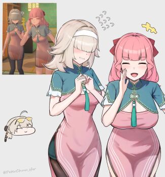 +++ 3girls ahoge breasts brown_hair china_dress chinese_clothes closed_eyes commentary_request dress eyewear_on_head facing_viewer flying_sweatdrops grey_background hair_over_eyes hairband hand_to_own_mouth hands_up highres long_hair multiple_girls open_mouth peterchuu pink_dress pink_hair reference_inset short_sleeves shy side_slit simple_background smile sweety_(zenless_zone_zero) tassel tinted_eyewear twitter_username white_hairband yellow-tinted_eyewear zenless_zone_zero