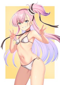 Rule 34 | 1girl, bikini, blue eyes, border, breasts, contrapposto, double v, grin, highres, long hair, looking at viewer, o-ring, o-ring bikini, one side up, orange background, osafune katsuobushi kobo, outside border, pink hair, small breasts, smile, solo, striped bikini, striped clothes, swimsuit, toji no miko, tsubakuro yume, two-tone background, v, white bikini, white border