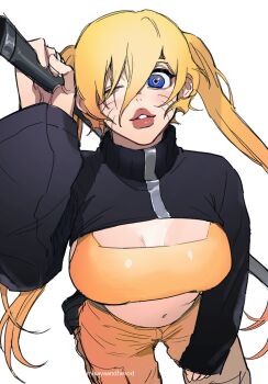 1girl black_jacket blonde_hair blue_eyes blush breasts cleavage cropped_jacket facial_mark genderswap genderswap_(mtf) holding holding_sword holding_weapon jacket large_breasts long_hair looking_at_viewer misayaandherod naruko_(naruto) naruto_(series) navel one_eye_closed orange_pants orange_sports_bra over_shoulder pants parted_lips seiza simple_background sitting solo sports_bra sword turtleneck twintails weapon weapon_over_shoulder whisker_markings white_background